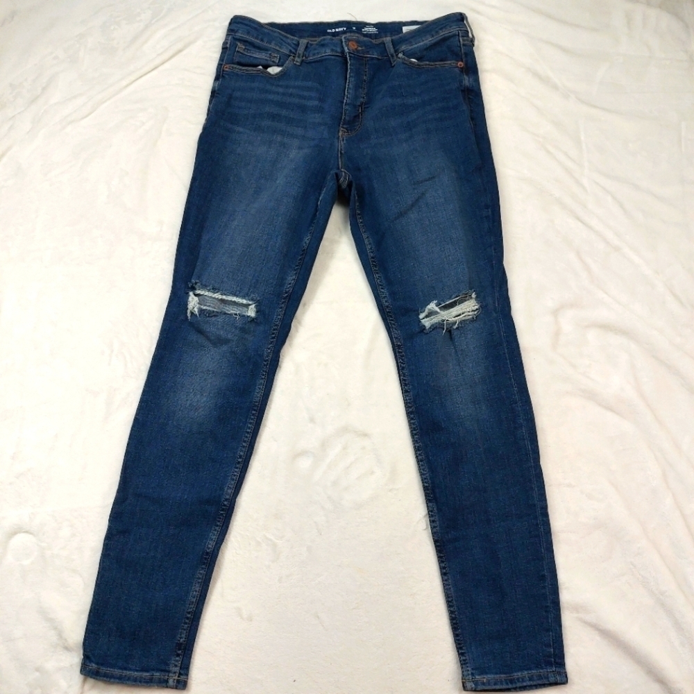OLD NAVY JEANS WOMENS HIGHRISE ROCKSTAR SUPER SKINNY BLUE DISTRESSED DENIM 12 L